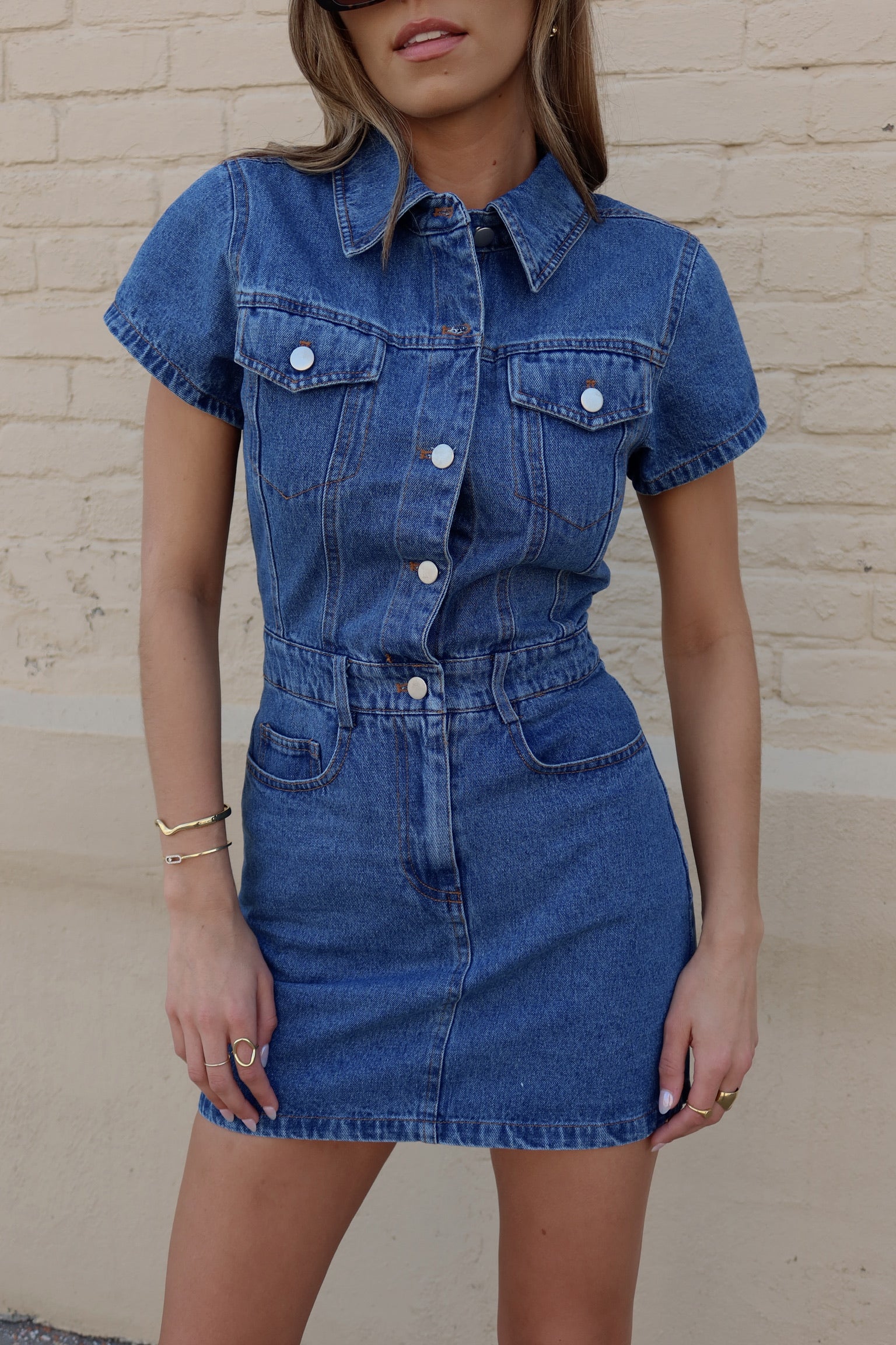 Medium Wash Short Sleeve Denim Mini Dress