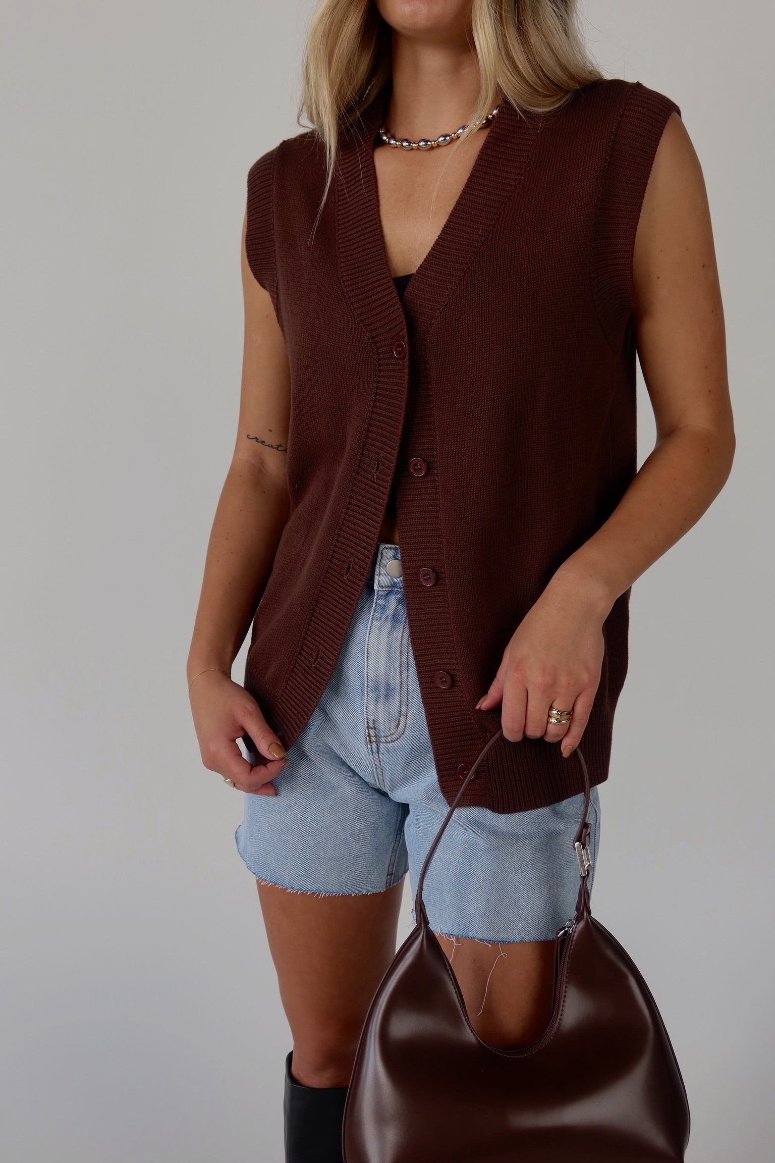 Brown Sleeveless Button-Down Sweater