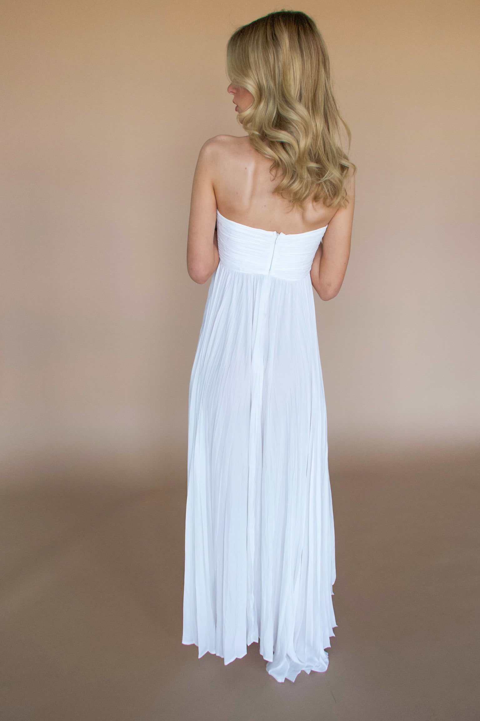 Strapless White Pleated Maxi Dress