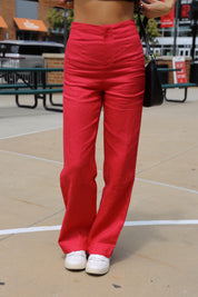 Red High Rise Linen Pant