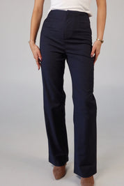 Navy Plaid High-Waisted Trousers