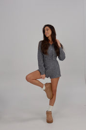 Cozy Cable Knit Button-Up Romper In Grey