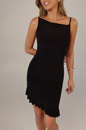 Blainn Black Ruched Ruffle Mini Dress in Black