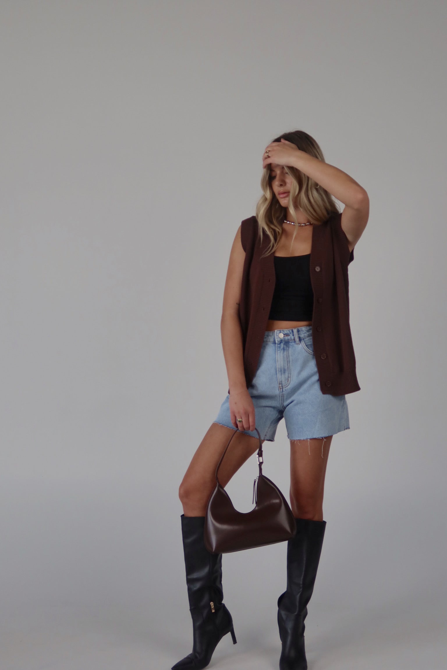 Brown Sleeveless Button-Down Sweater