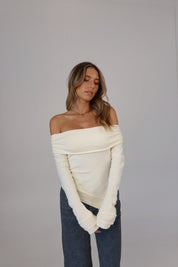 Annabelle Asymmetric Off-Shoulder Sweater in Ecru