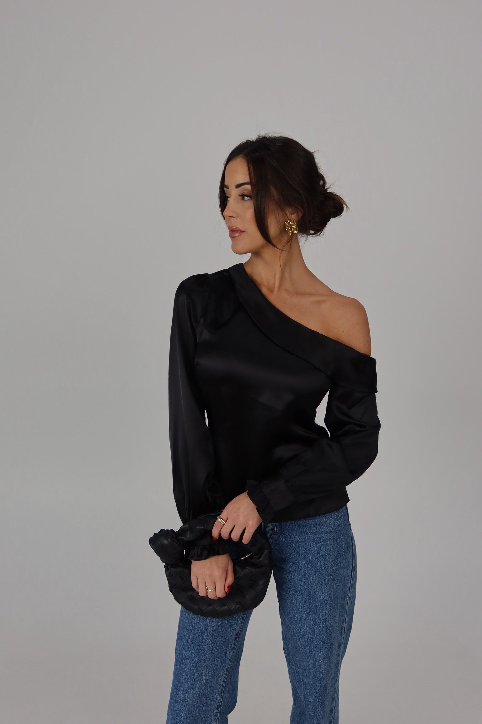 Black Satin Off Shoulder Long Sleeve Top