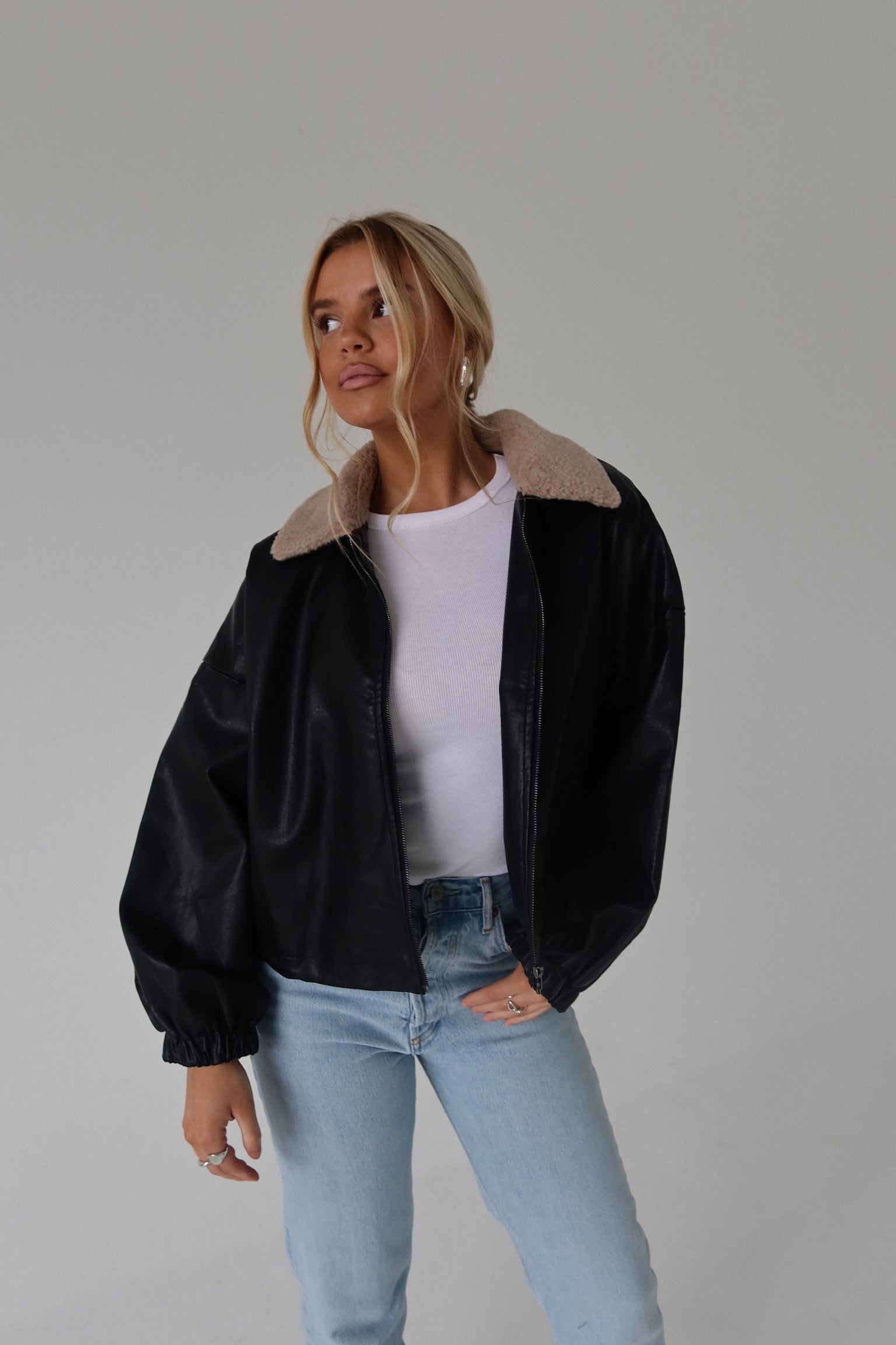 Callie Sherpa Collar Leather Jacket