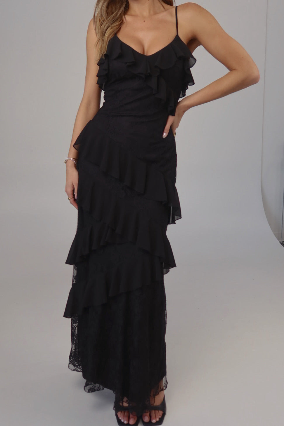 Black Enchanted Lace Tiered Maxi Dress