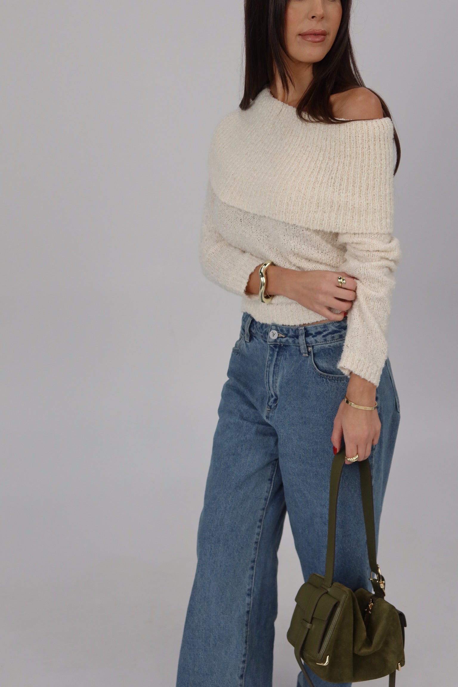 Ivory Off-Shoulder Foldover Knit