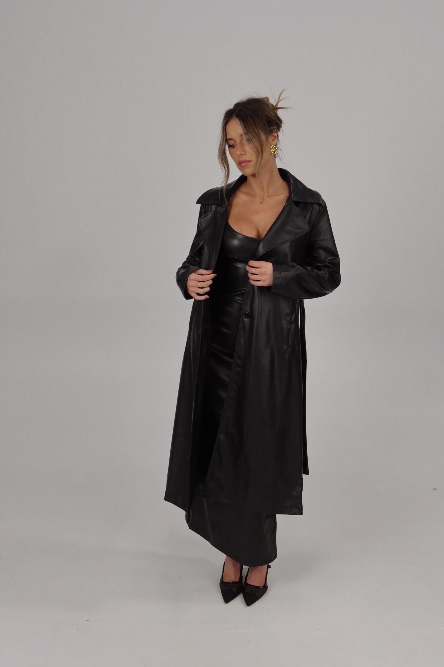 Black Pleather Trench Coat