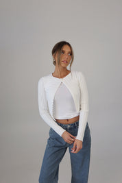 Chic One-Button Cropped Cardigan in White