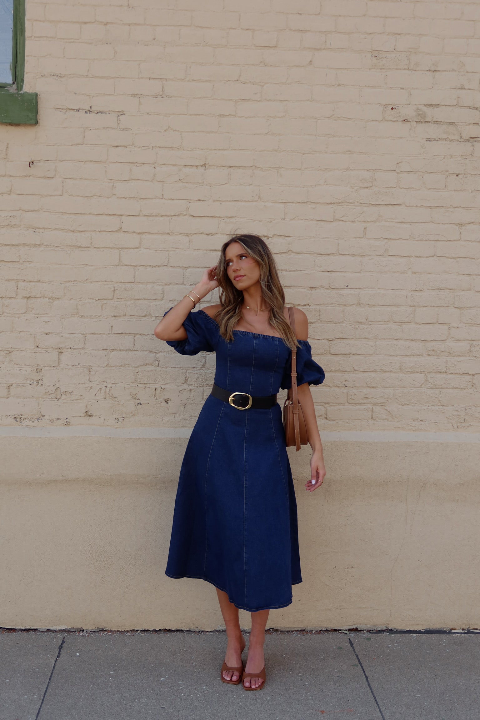 Denim Dreams Puff Sleeve A-Line Midi Dress Madida Clothing Denim Dreams Puff Sleeve A-Line Midi Dress Madida Clothing