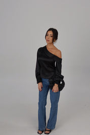 Black Satin Off Shoulder Long Sleeve Top