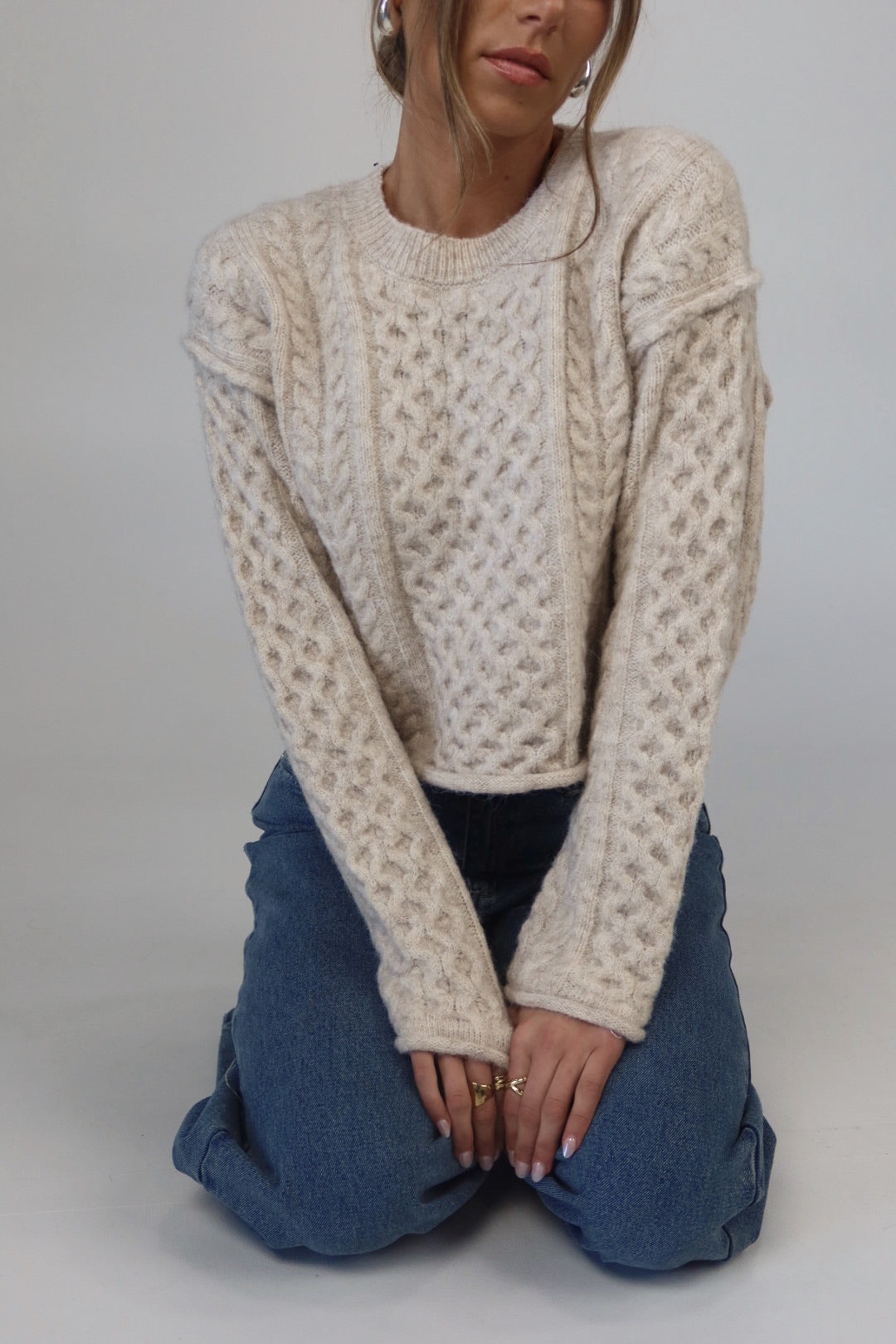 Eco Cable Knit Crew Sweater in Natural