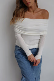 White Off-Shoulder Fold Knit Top