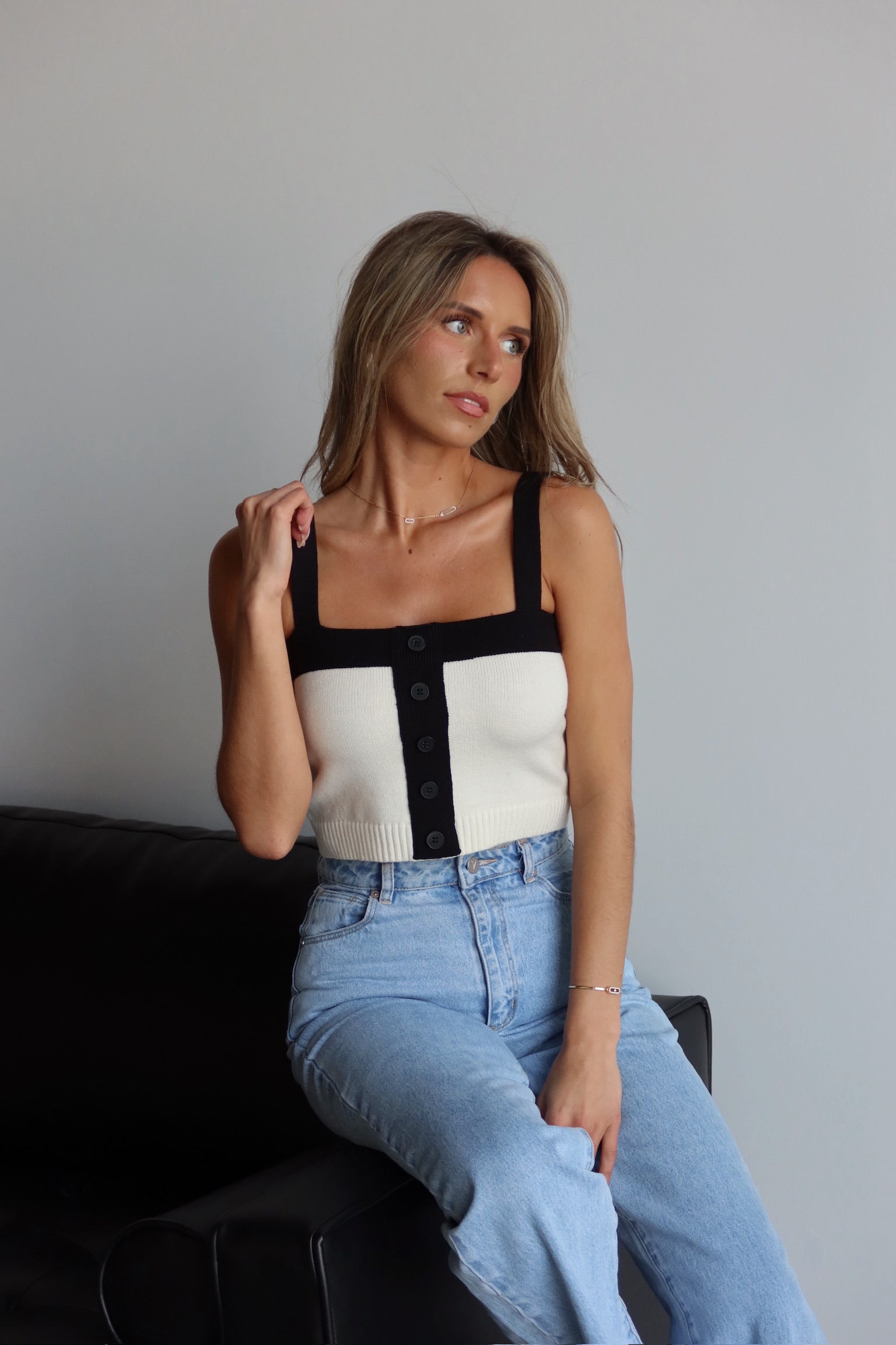 Color Block Cropped Button Up Tank