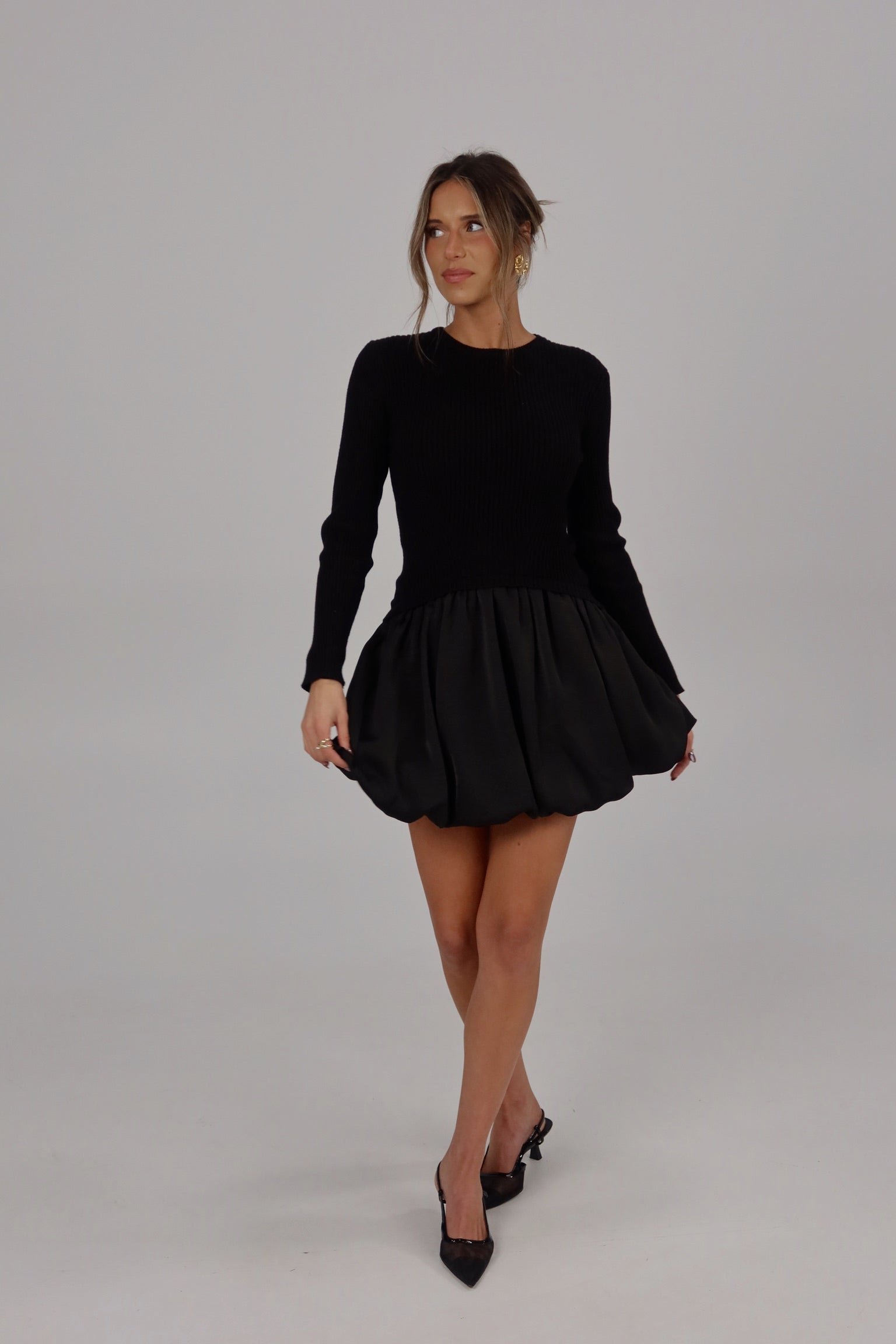 Lane Long Sleeve Knit Bubble Dress in Black