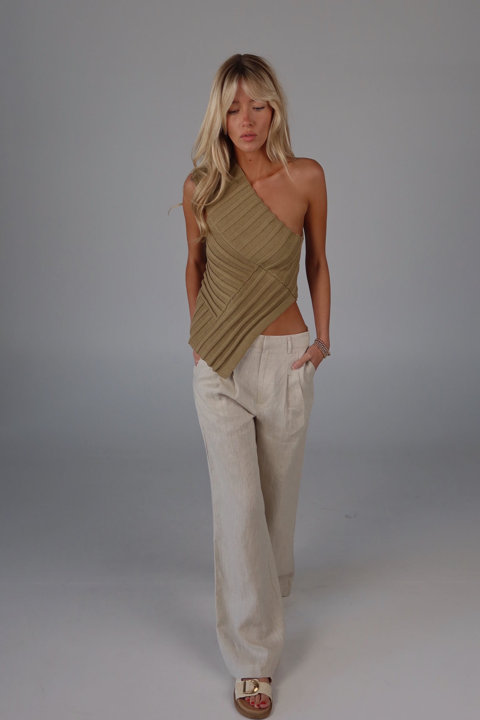 Taylor Asymmetrical One-Shoulder Top In Olive