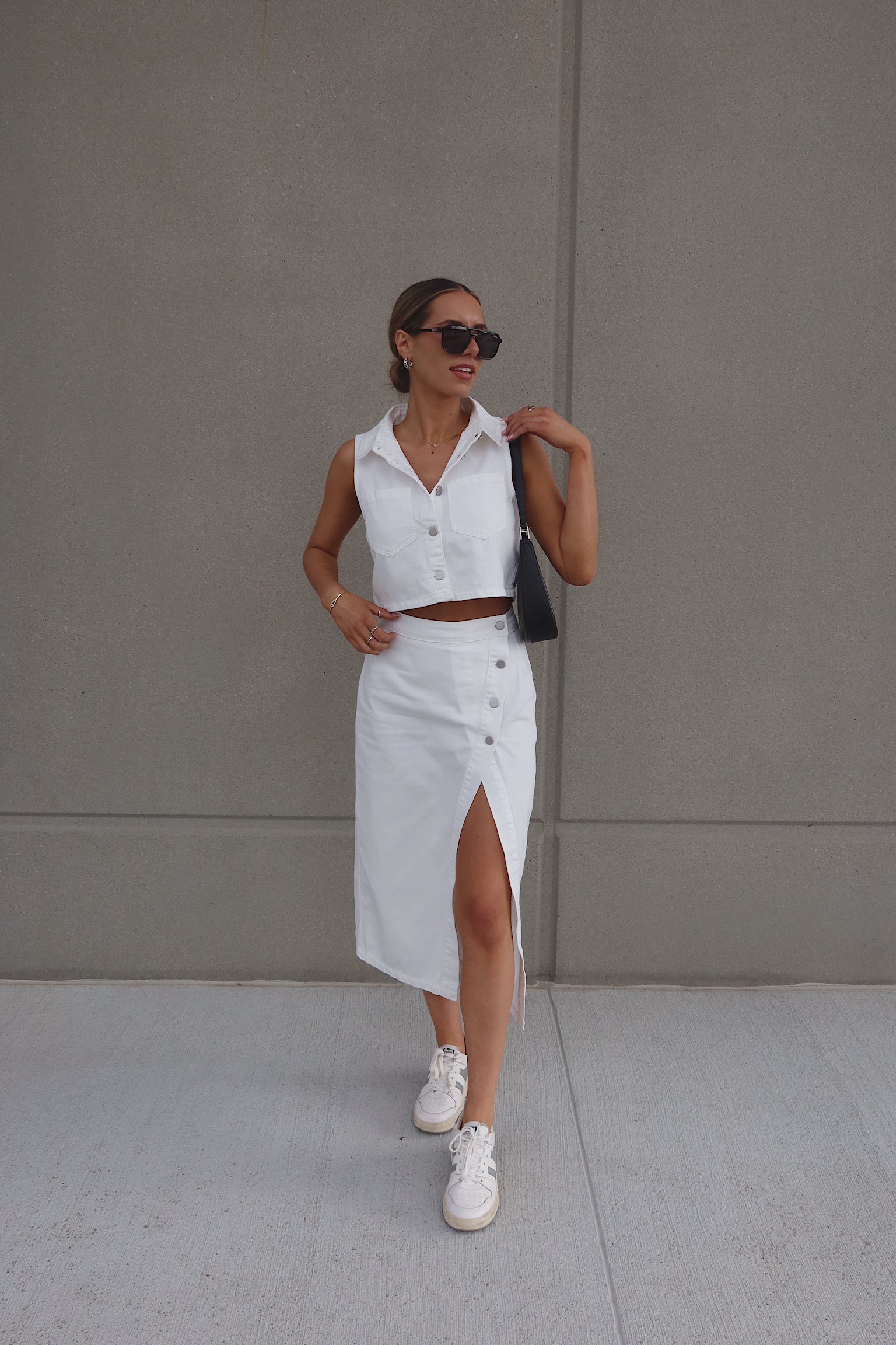 White Denim Button Down Top and Skirt Set