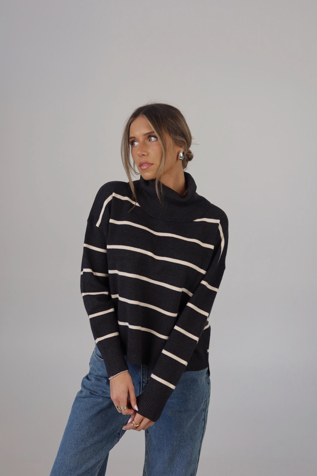 Striped Cozy Crop Turtleneck in Charcoal