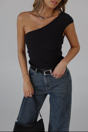 Asymmetric Ribbed Sleeveless Top in Black