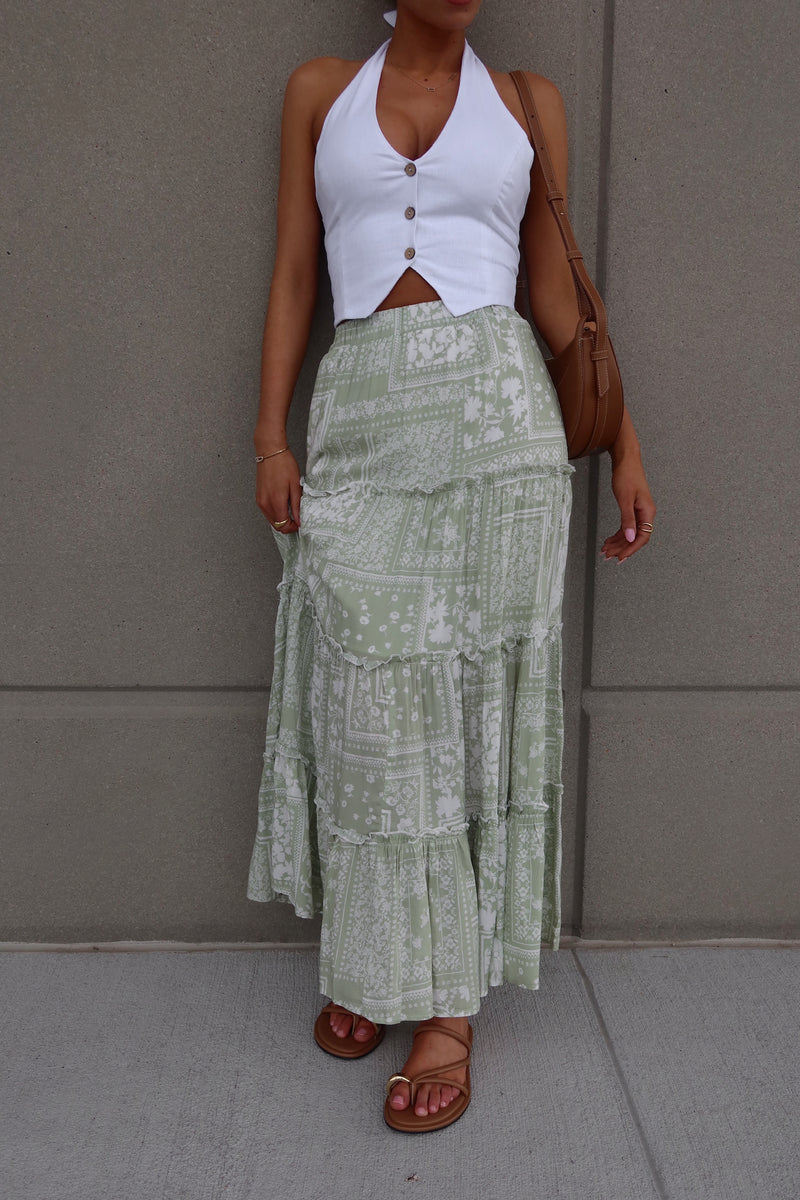 Sage Floral Tiered Maxi Skirt