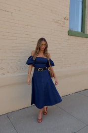 Denim Dreams Puff Sleeve A-Line Midi Dress