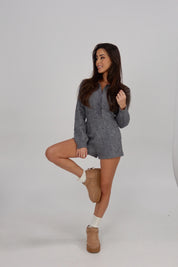 Cozy Cable Knit Button-Up Romper In Grey