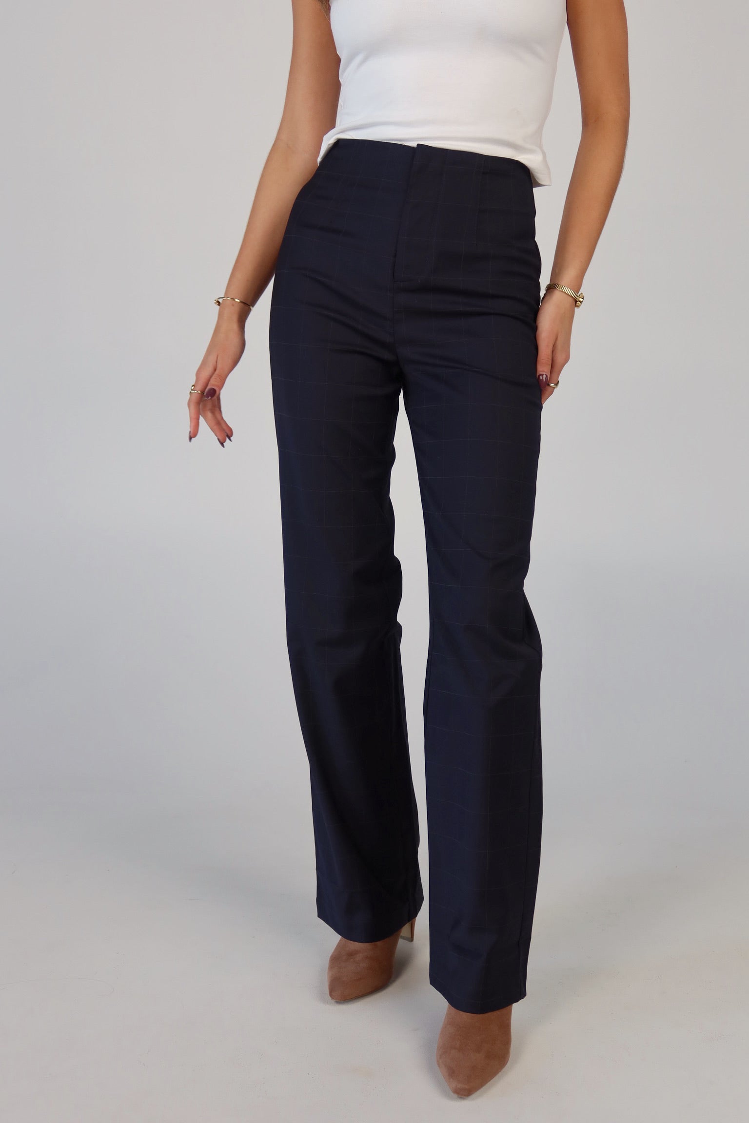 Navy Plaid High-Waisted Trousers