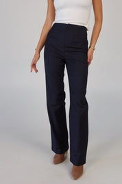 Navy Plaid High-Waisted Trousers