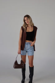 Brown Sleeveless Button-Down Sweater