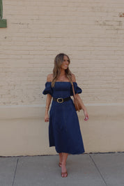 Denim Dreams Puff Sleeve A-Line Midi Dress