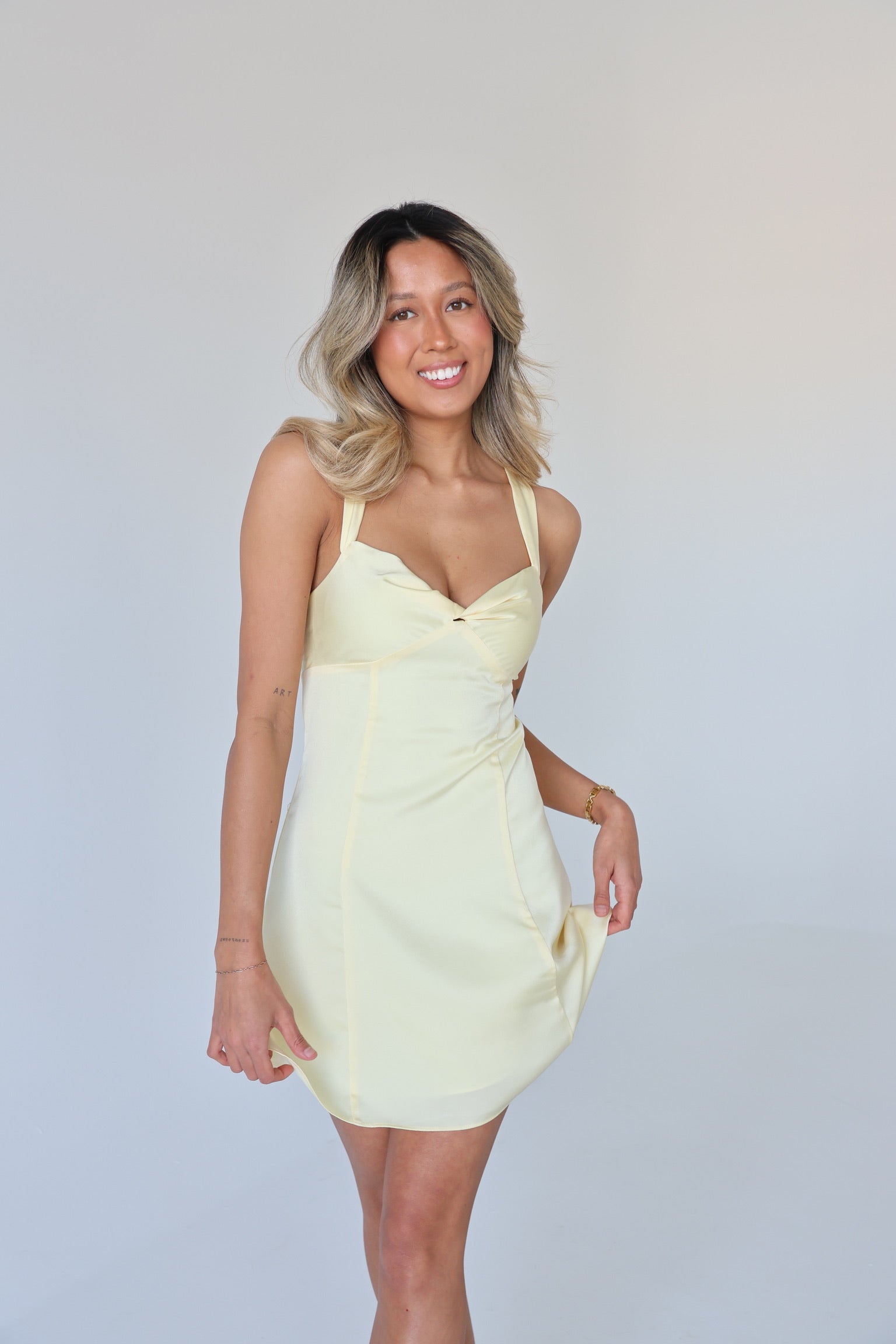 Lyra Satin Mini Dress in Yellow