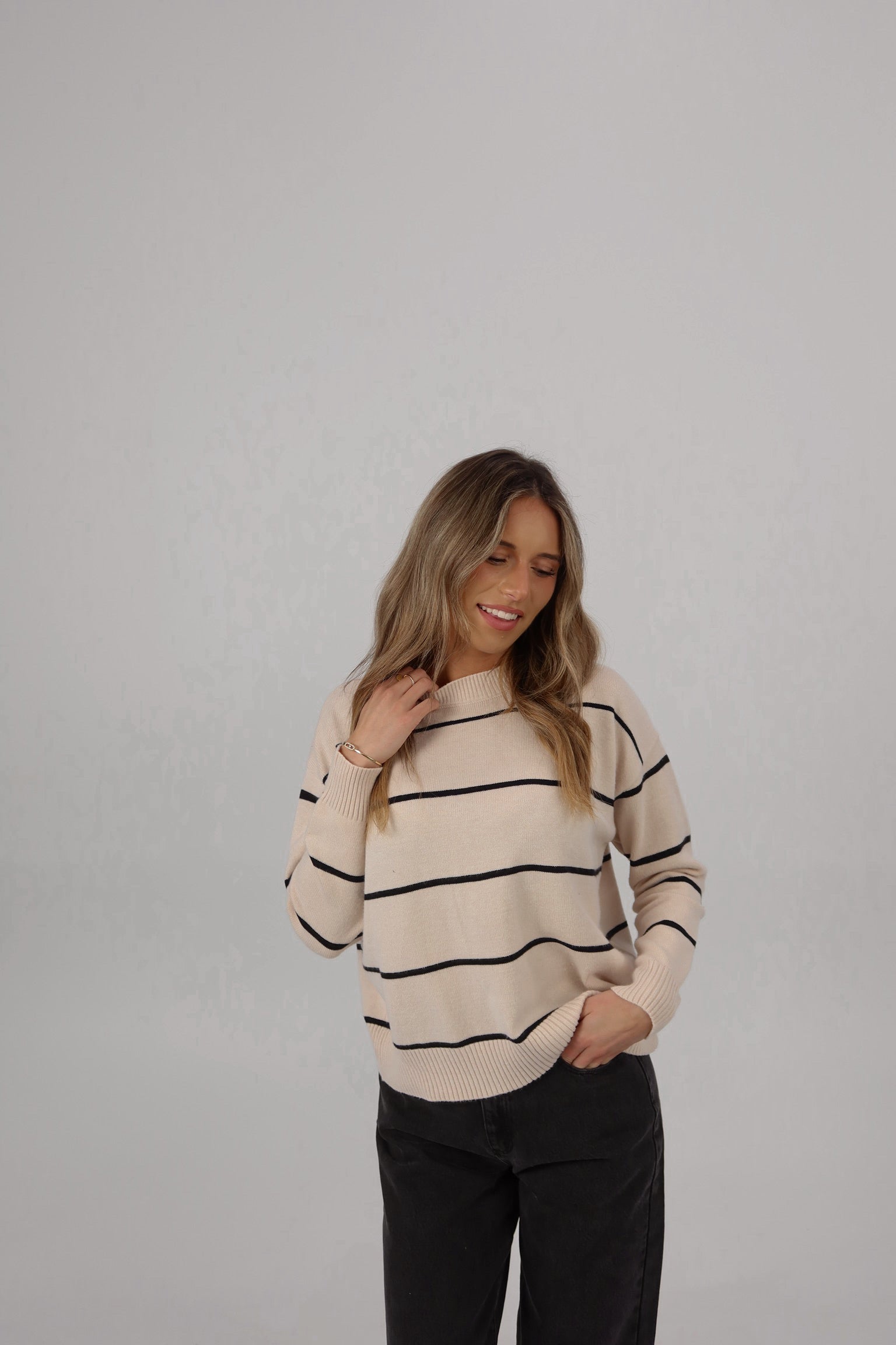 Striped Long Sleeve Sweater in Beige/Black