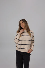 Striped Long Sleeve Sweater in Beige/Black