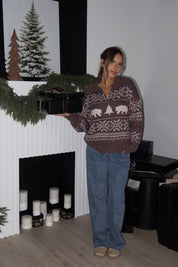 Holiday Vacation Quarter-Zip Knit in Brown/Beige