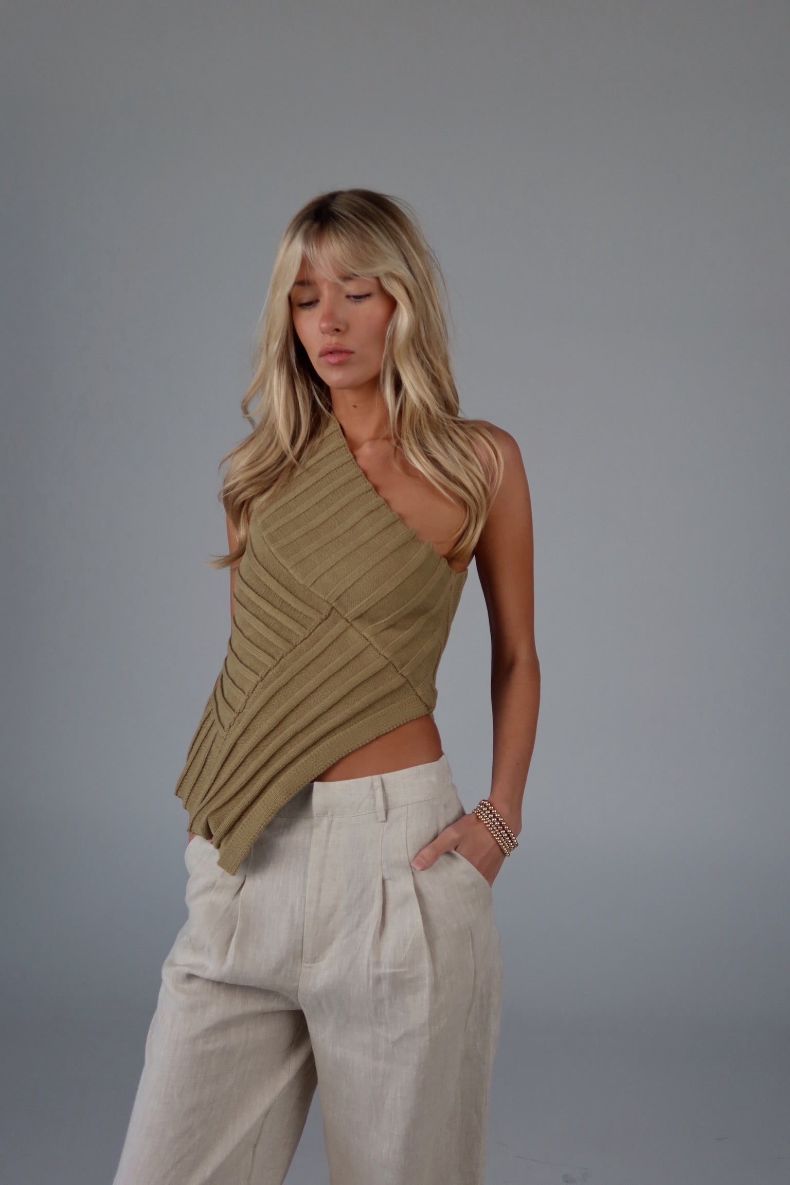 Taylor Asymmetrical One-Shoulder Top In Olive