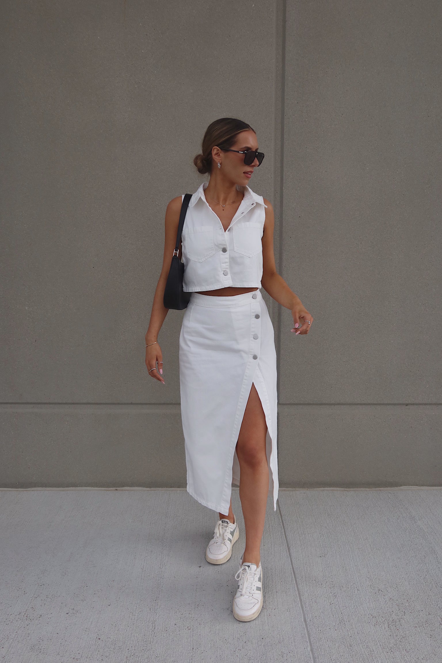 White Denim Button Down Top and Skirt Set