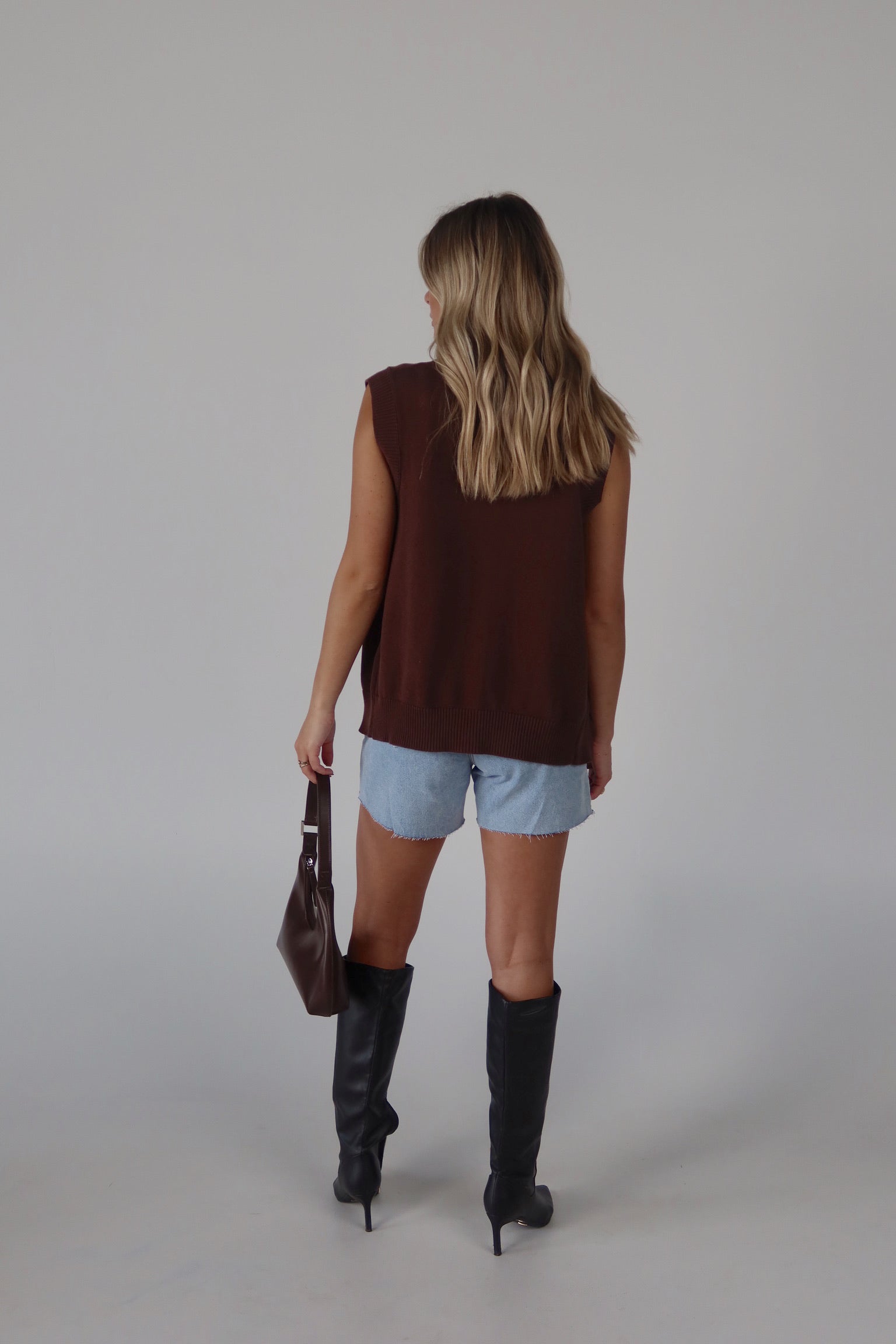 Brown Sleeveless Button-Down Sweater