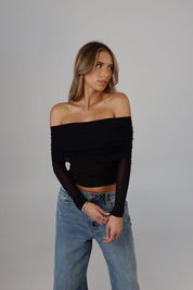 Sheer Off-Shoulder Mesh Foldover Top in Black