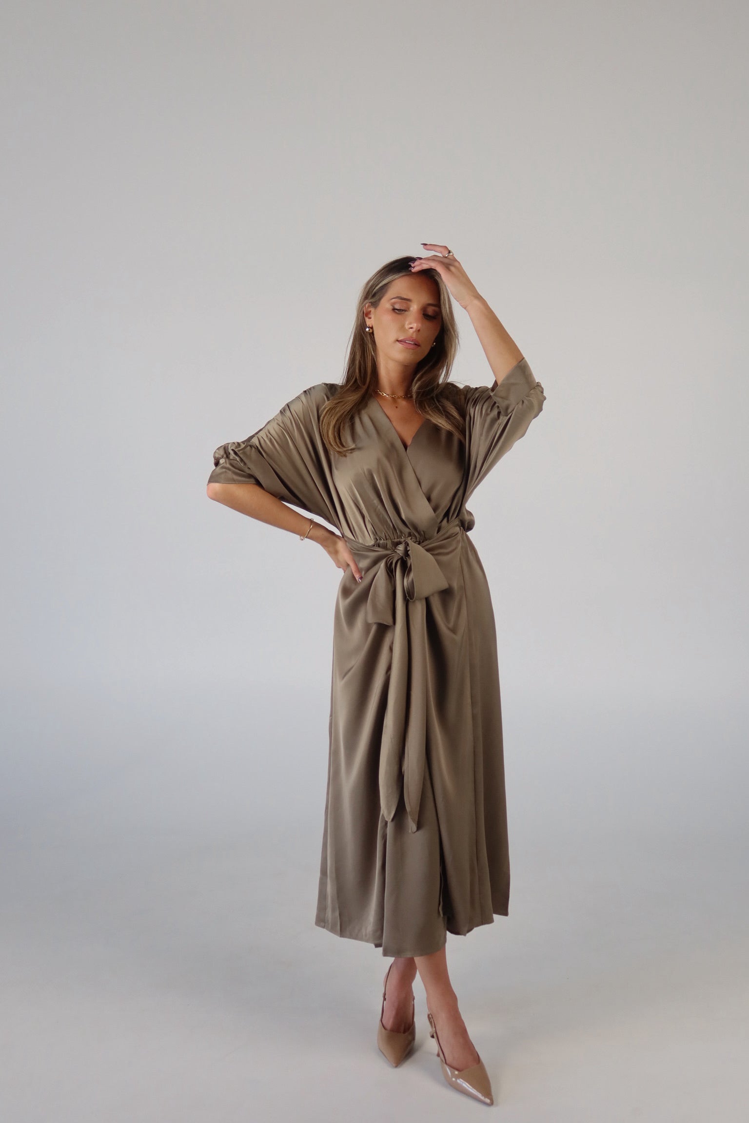 Olive Satin Wrap Midi Dress