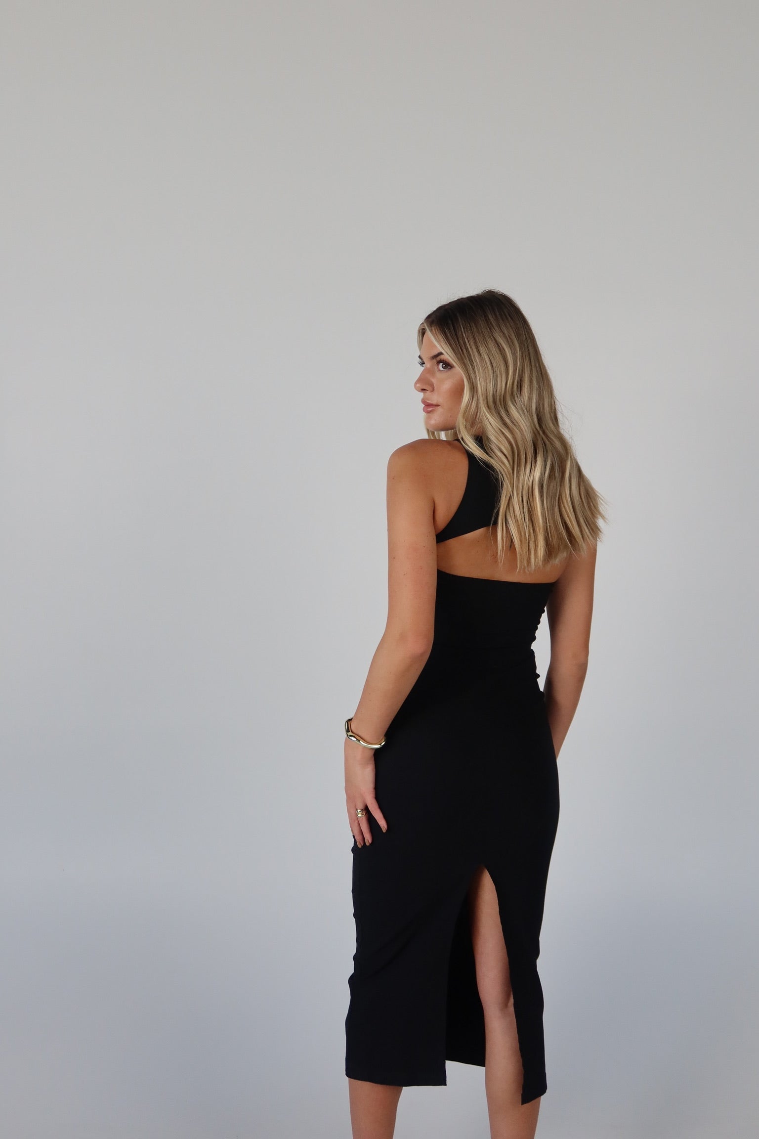 Blair Cut-Out Midi Dress in Black