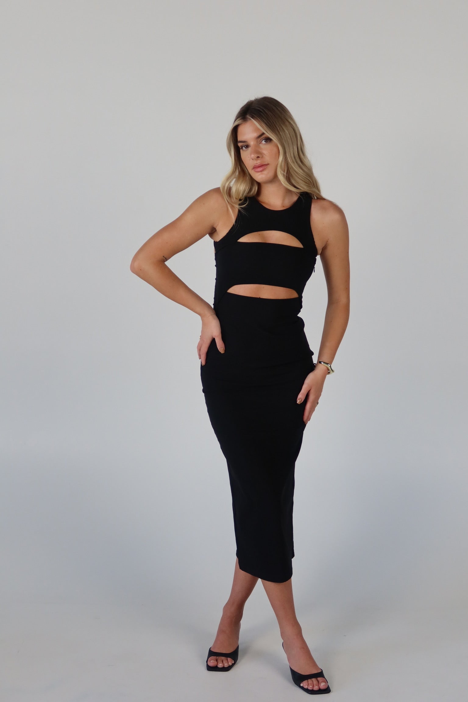 Blair Cut-Out Midi Dress in Black