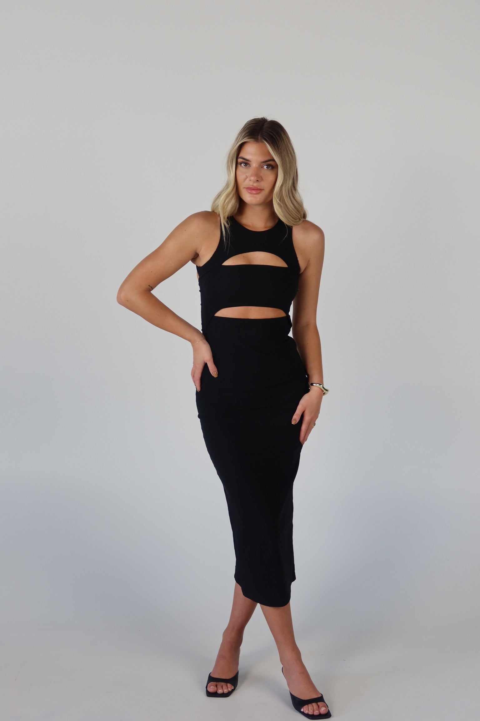 Blair Cut-Out Midi Dress in Black