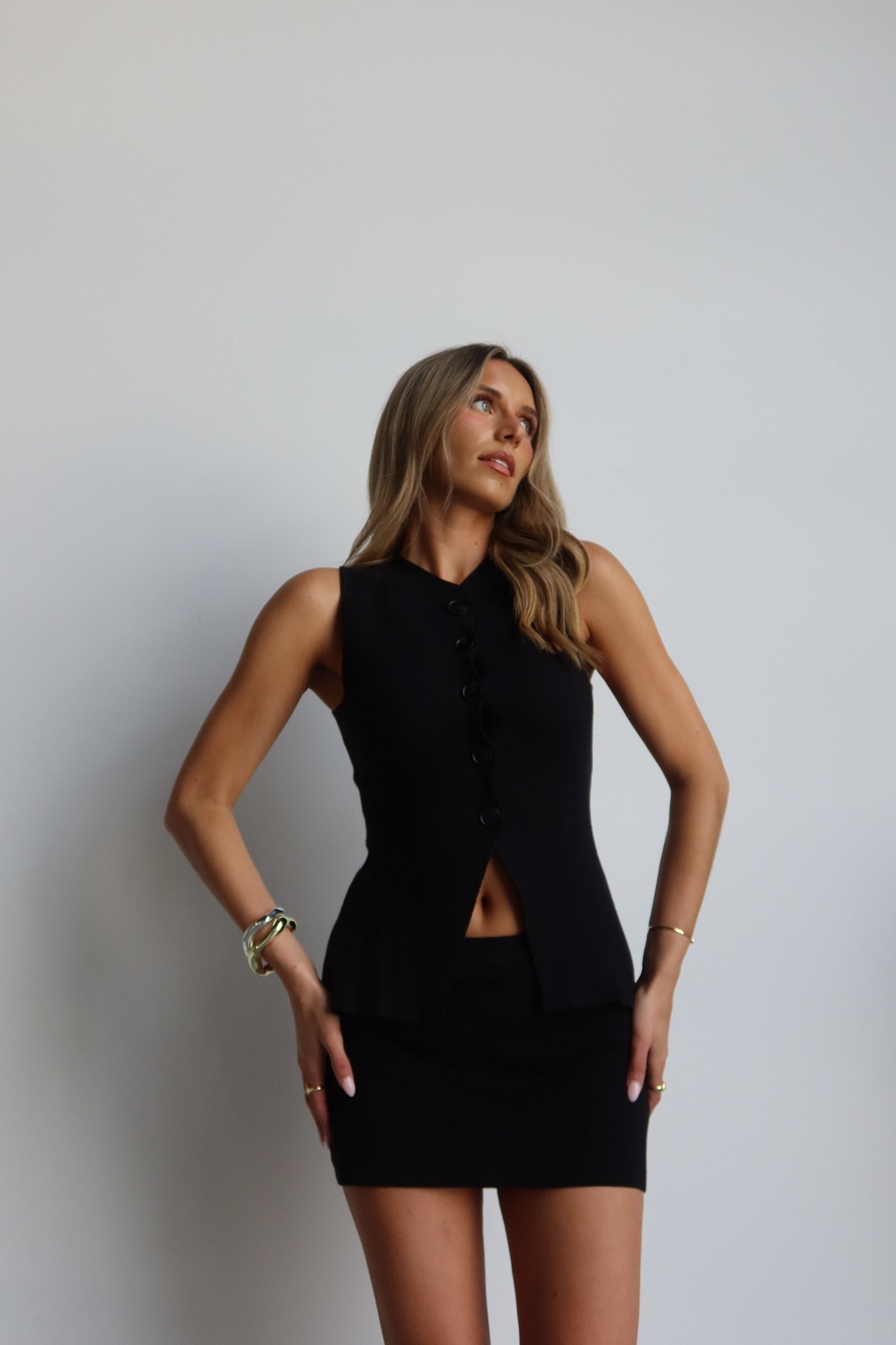 Sarah Button Up Vest Top in Black