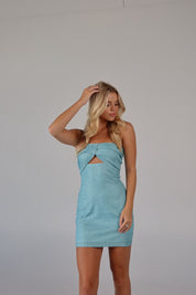 Sabrina Shimmer Mini Dress in Aqua