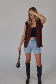 Brown Sleeveless Button-Down Sweater