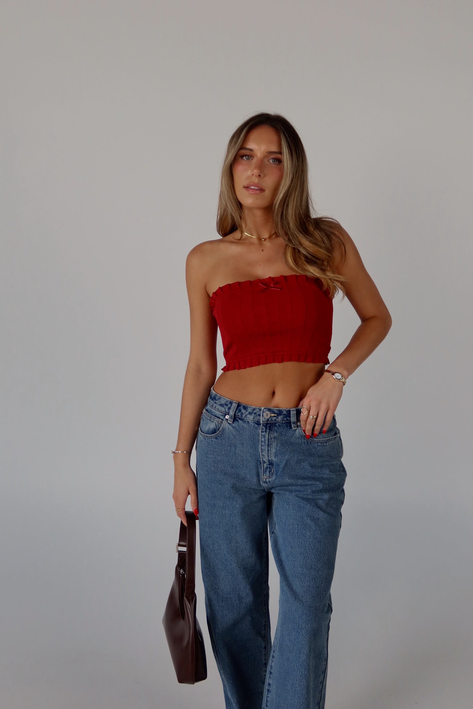 Bow Detail Tube Top in Red