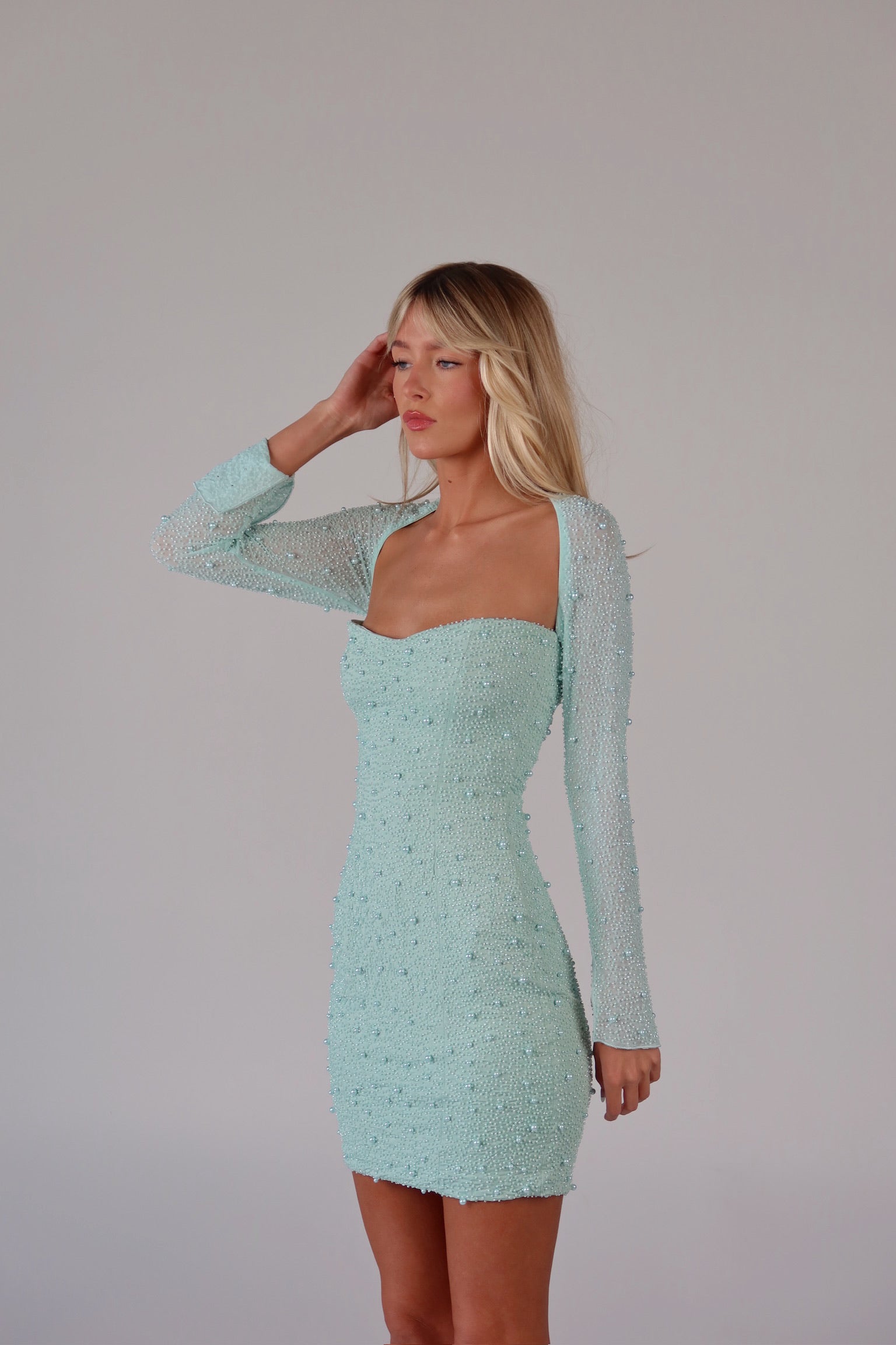 Gracelyn Embellished Mini Dress in Aqua