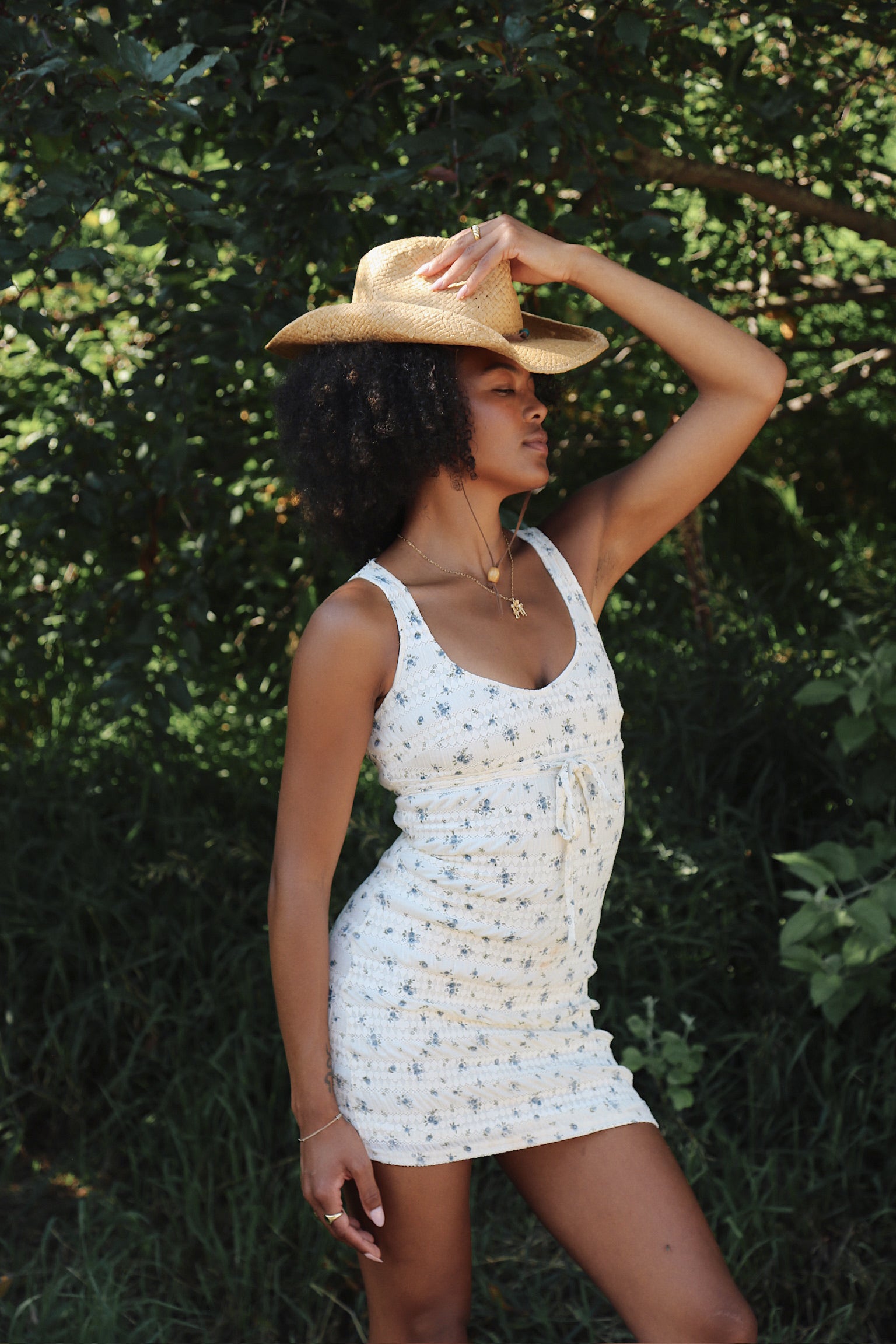 Blue Ditsy Flower Printed Knit Mini Dress